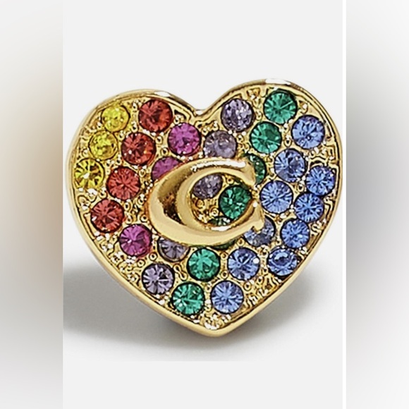 New Coach Pave Heart Stud Earrings Logo Gold Multicolor NWT - Picture 3 of 6